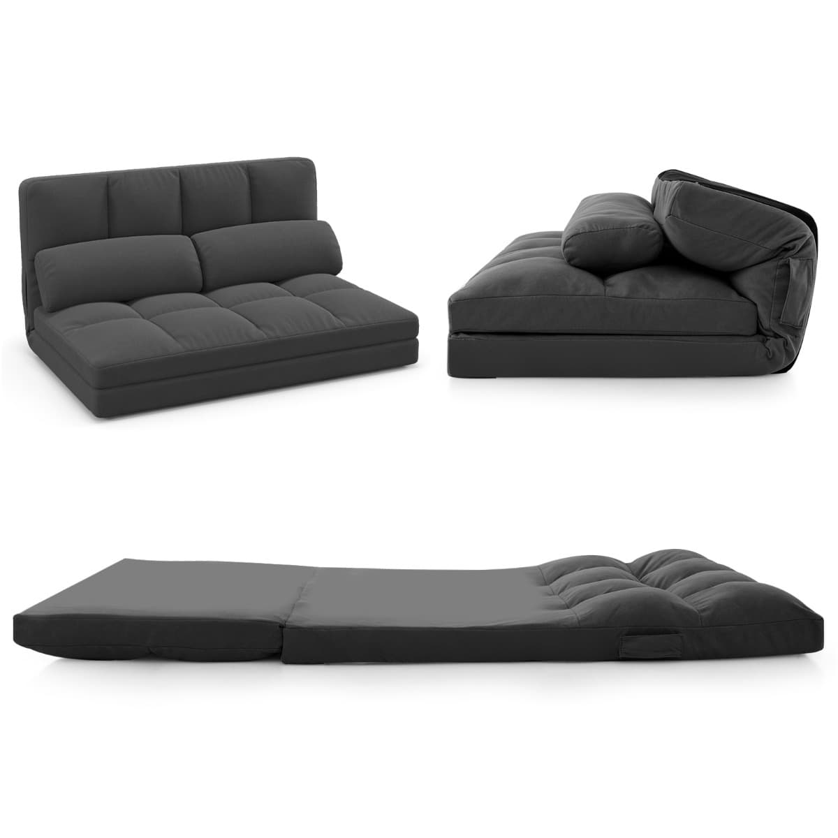 Canapé Lit Convertible en Velours Pliable Dossier Réglable à 6 Niveaux avec 2 Coussins Gris Foncé