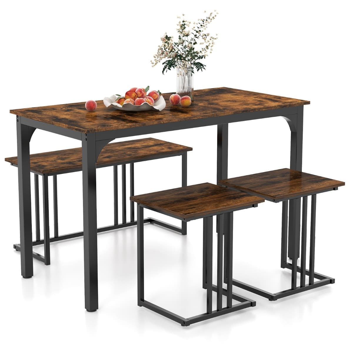 Ensemble Table de Cuisine 2 Banc 2 Tabourets Style Industriel Cadre en Métal Marron Rustique et Noir
