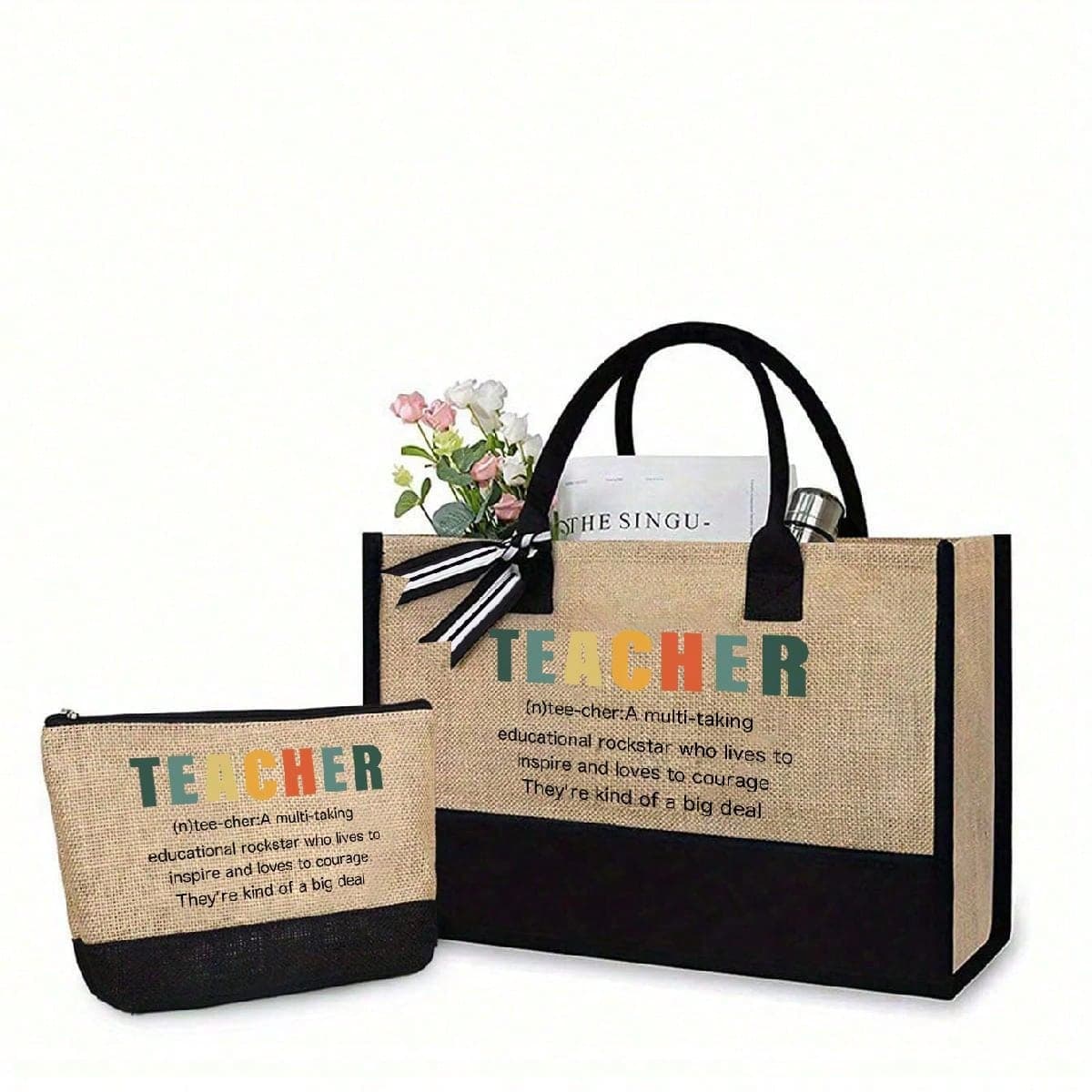 1 set de cadeaux de gratitude pour les enseignants : un sac fourre-tout kaki et un sac de maquillage kaki avec la lettre d'enseignant imprimée sur