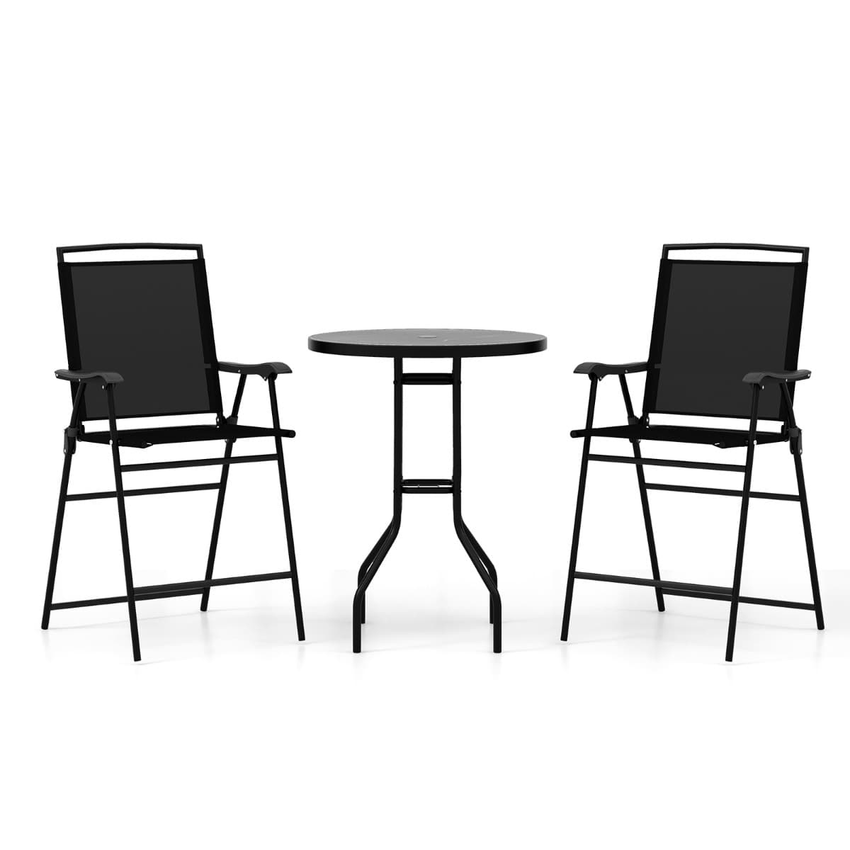 CostwayBistrot pour Patio 3 Pièces Table et Chaises Pliantes de Bar de Jardin avec Plateau de Table DPC Trou pour Parasol et Repose-pieds