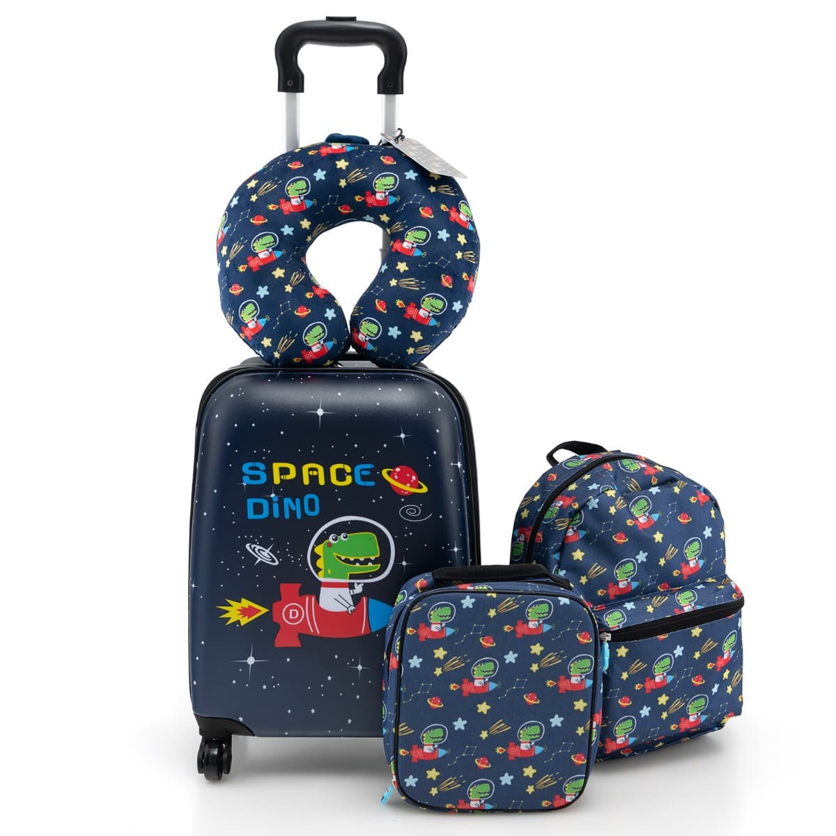 CostwayValise Enfants à Roulettes 16’’ & Sac à Dos 13’’Ensemble de 5 Bagages pour Enfants avec Oreiller Cervical Etiquette Astronautes Bleu