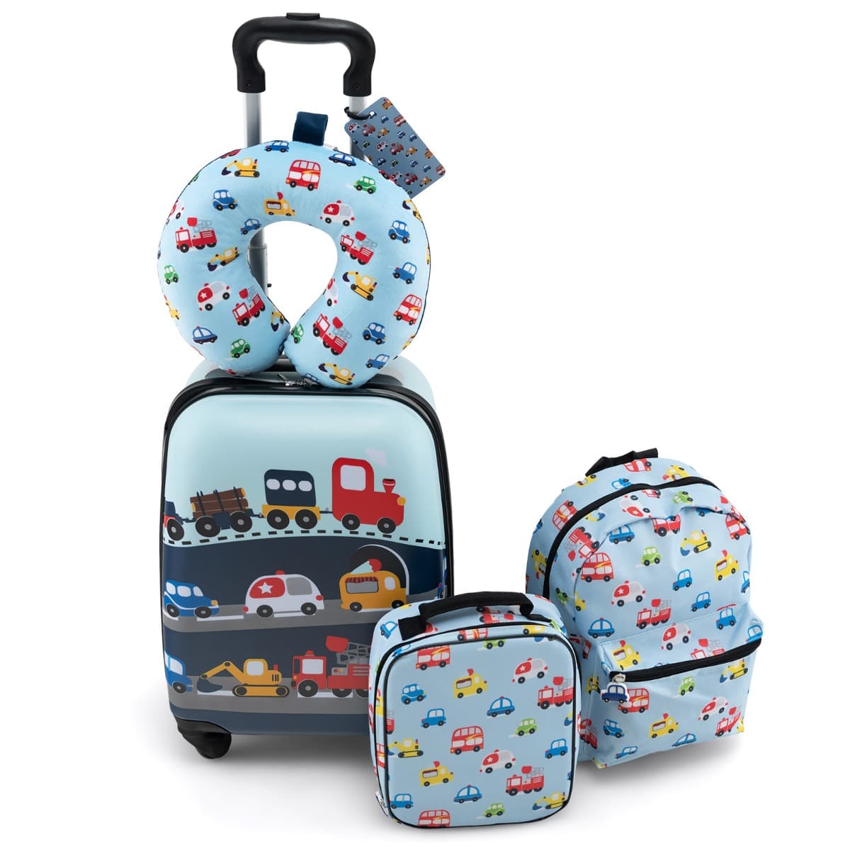 CostwayValise Enfants à Roulettes 16’’ & Sac à Dos 13’’Ensemble de 5 Bagages pour Enfants avec Oreiller Cervical Etiquette Voiture Bleu