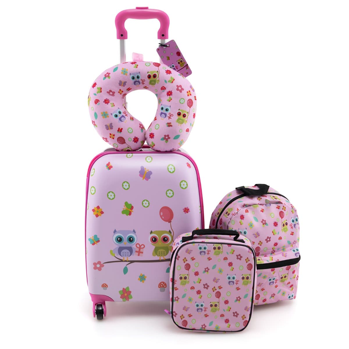 CostwayValise Enfants à Roulettes 16’’ & Sac à Dos 13’’Ensemble de 5 Bagages pour Enfants avec Oreiller Cervical Etiquette Hiboux Rose