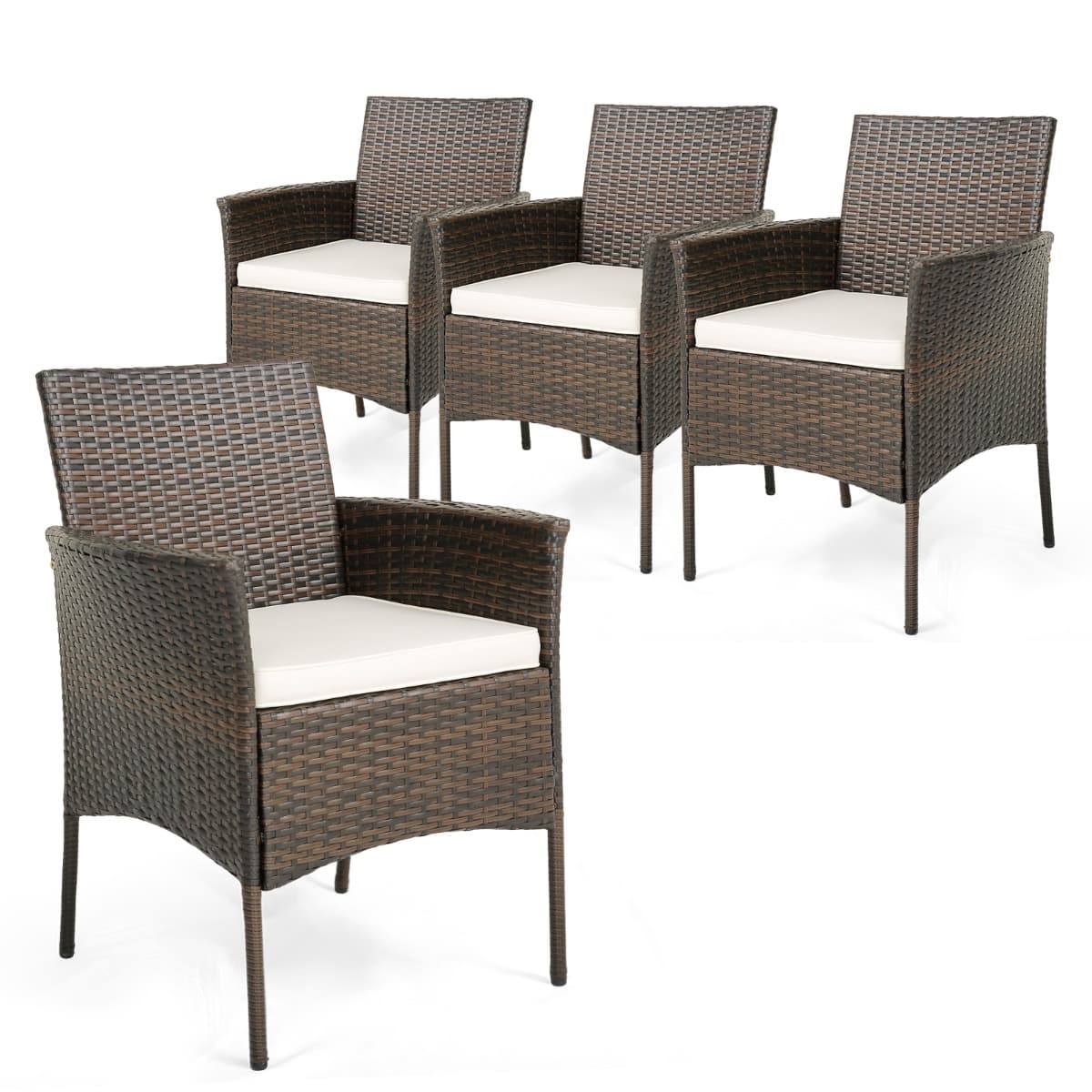 CostwayEnsemble de 4 Chaises de Jardin en Rotin Chaises en Rotin PE avec Coussins Moelleux Cadre Métallique Robuste Accoudoirs Incurvés